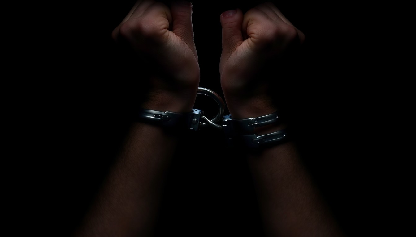 An extreme close-up photograph of a pair of handcuffed wrists against a pitch-black background, the metal cuffs and skin texture the sole focus under harsh, direct lighting, creating a stark, gritty investigative aesthetic.