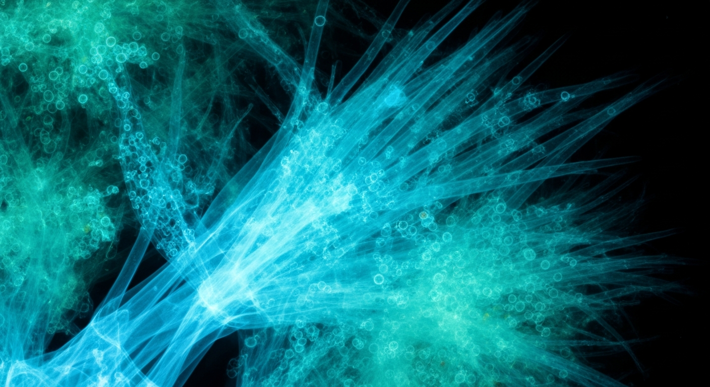 An extreme close-up X-ray photograph showing the translucent, ghostly internal structures of a freshwater algae bloom, with glowing blue-green filaments and cells against a dark background, conceptually illustrating the hidden dangers of toxic algae.