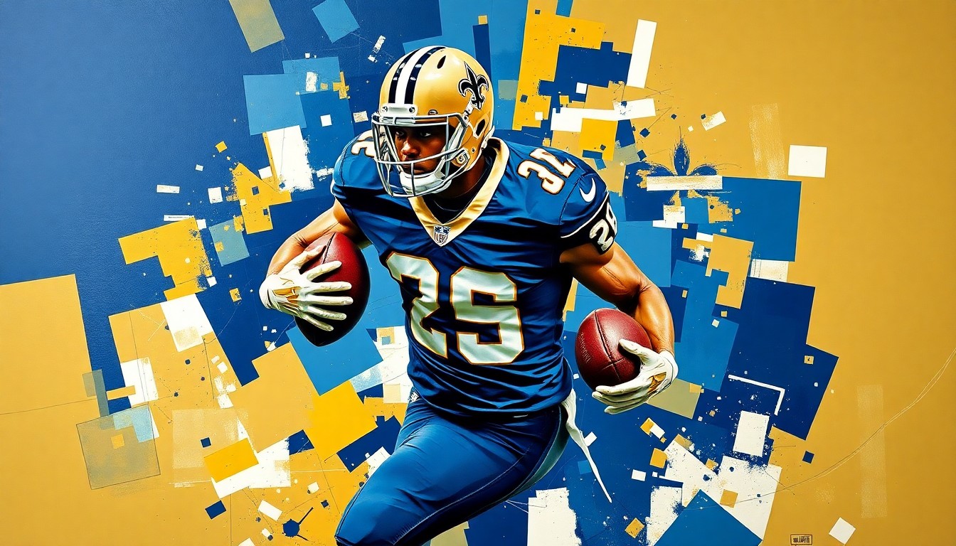 A cubist, geometric painting depicting a football player in mid-motion, with sharp planes of navy blue, gold, and white representing the New Orleans Saints' colors and style.