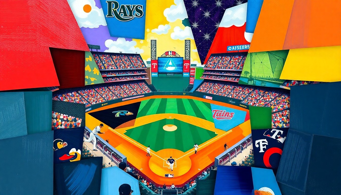 A cubist-style painting depicting a baseball game between the Tampa Bay Rays and Minnesota Twins, with the players and stadium environment broken down into overlapping geometric shapes and planes of vibrant colors.