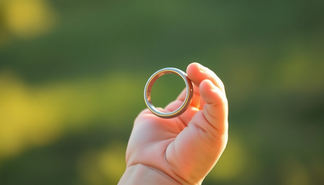 An extremely abstracted, out-of-focus photograph of a child's hand holding a shiny metal ring, surrounded by a warm, hazy glow of natural light, conceptually representing the joyful reunion of a lost wedding ring.