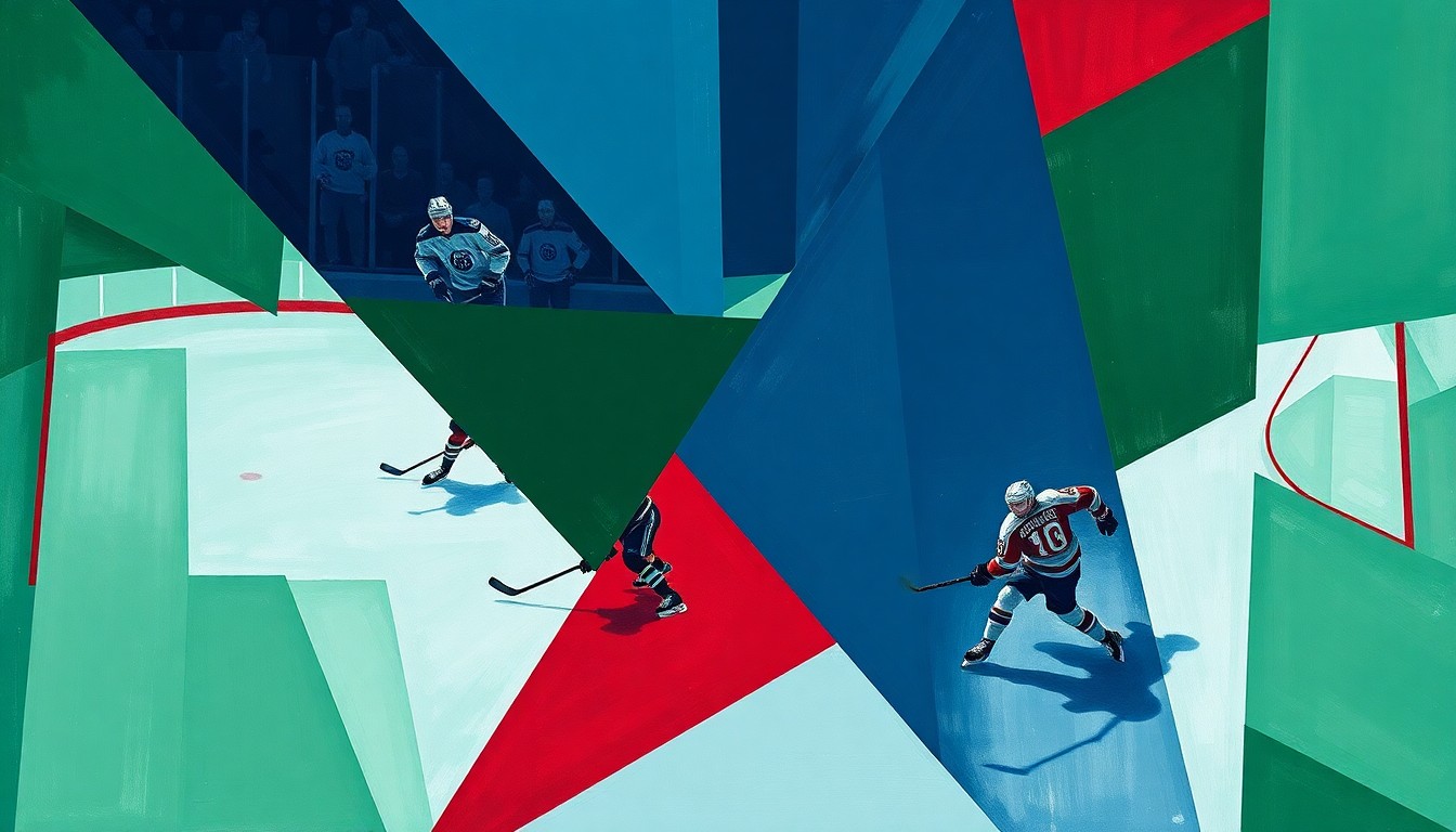A fractured, geometric painting depicting the movements and actions of a hockey game between the Dallas Stars and Winnipeg Jets, with the players and puck represented through sharp, overlapping shapes in a palette of navy, green, and red.