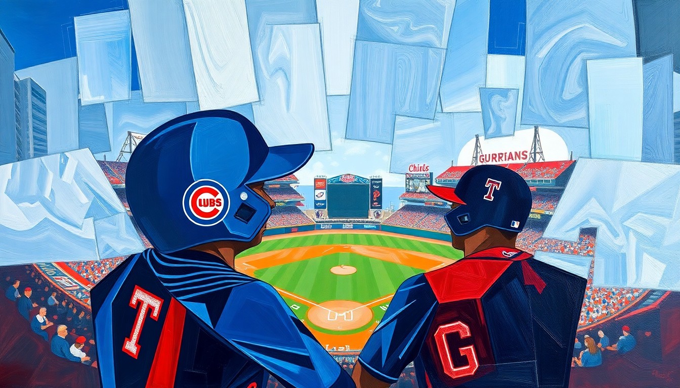 A visually striking, cubist-inspired painting depicting a baseball game in motion, with the players and field broken down into sharp, overlapping geometric shapes and planes in a vibrant color palette.