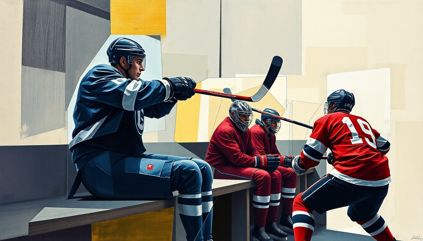 A cubist, geometric painting depicting a hockey player sitting on the bench and swinging his stick, the action broken down into sharp, overlapping planes of color and form.