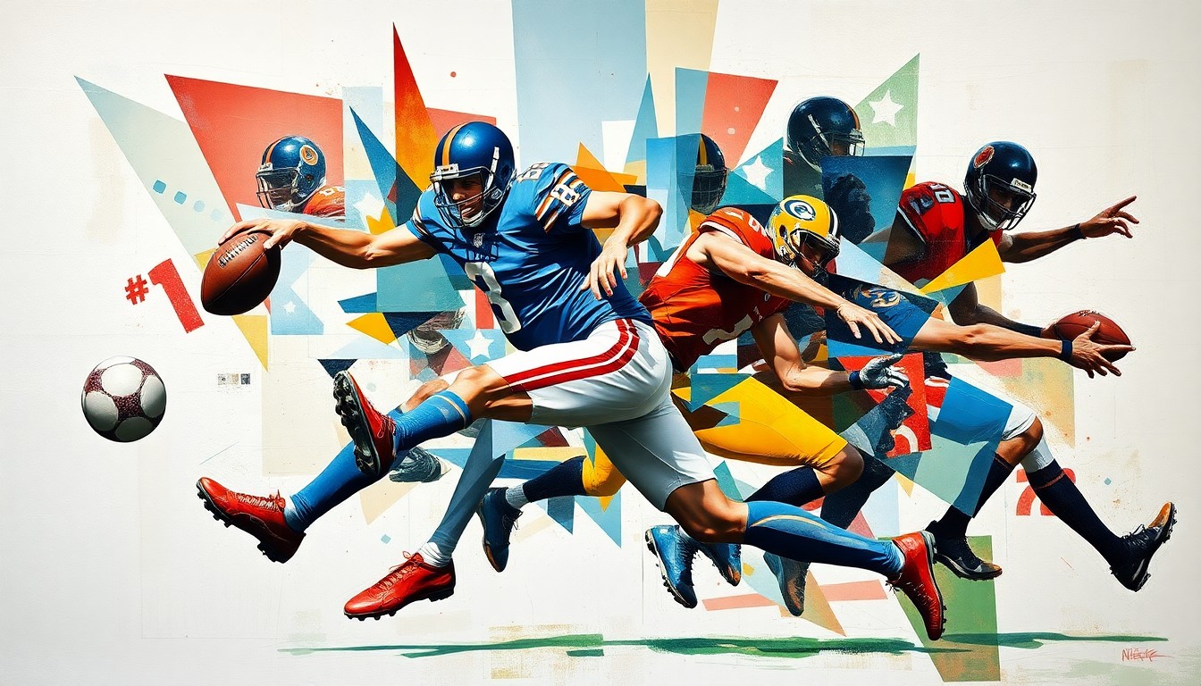 A fractured, geometric painting depicting a football player's movements, with sharp, overlapping planes of color and form, conveying the chaotic and unpredictable nature of Puka Nacua's recent off-field issues.