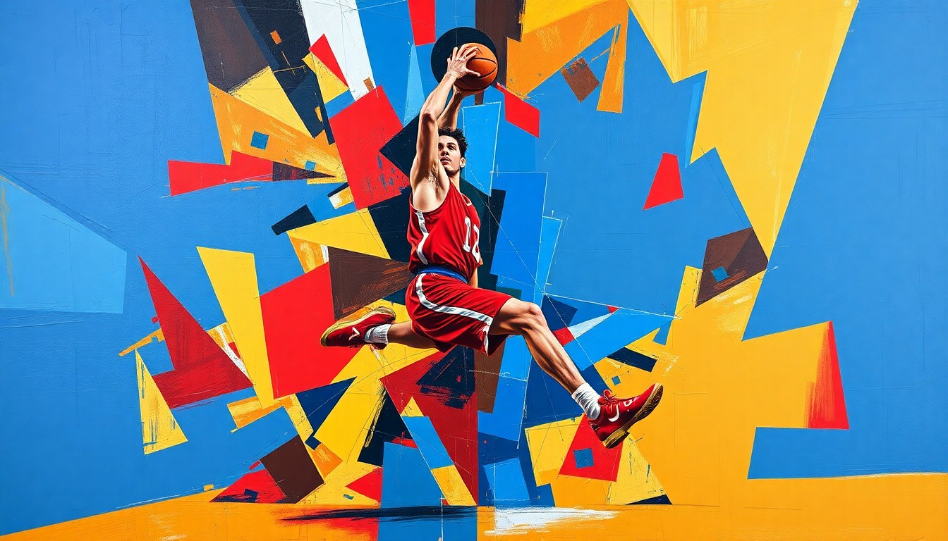 A cubist, geometric painting depicting the fragmented movements and actions of a basketball player, rendered in a vibrant color palette of crimson, royal blue, and gold.