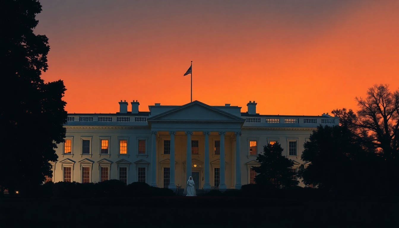 A cinematic painting of the White House at dusk, with the silhouette of a large, modern addition bathed in warm, diagonal sunlight and deep shadows, conceptually illustrating the tension between historic preservation and the president's vision for the future of the iconic building.