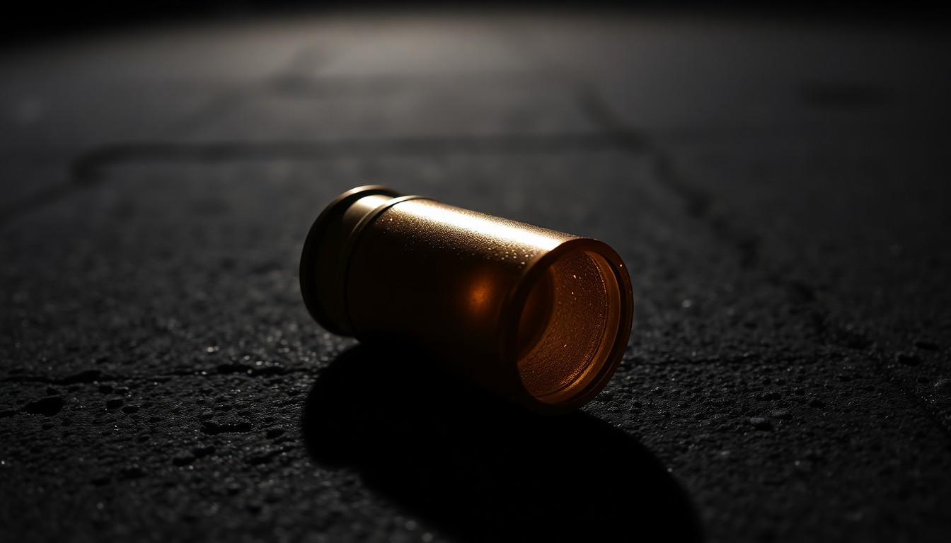 An extreme close-up photograph of a spent shell casing on a dark concrete surface, lit by a harsh, direct camera flash, conceptually representing the evidence gathered in a violent crime investigation.