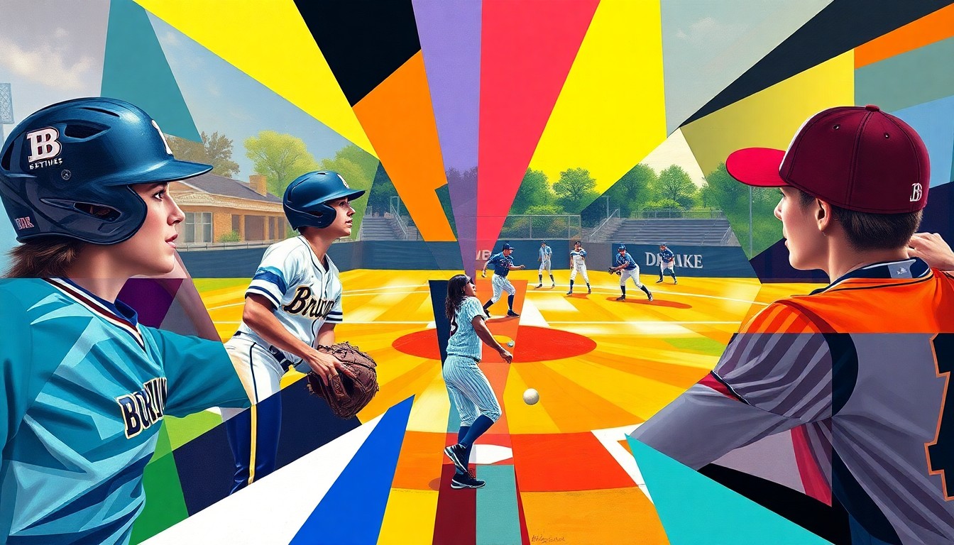 A cubist, geometric painting depicting a softball game, with sharp, overlapping planes of color representing the players, field, and action of the game.