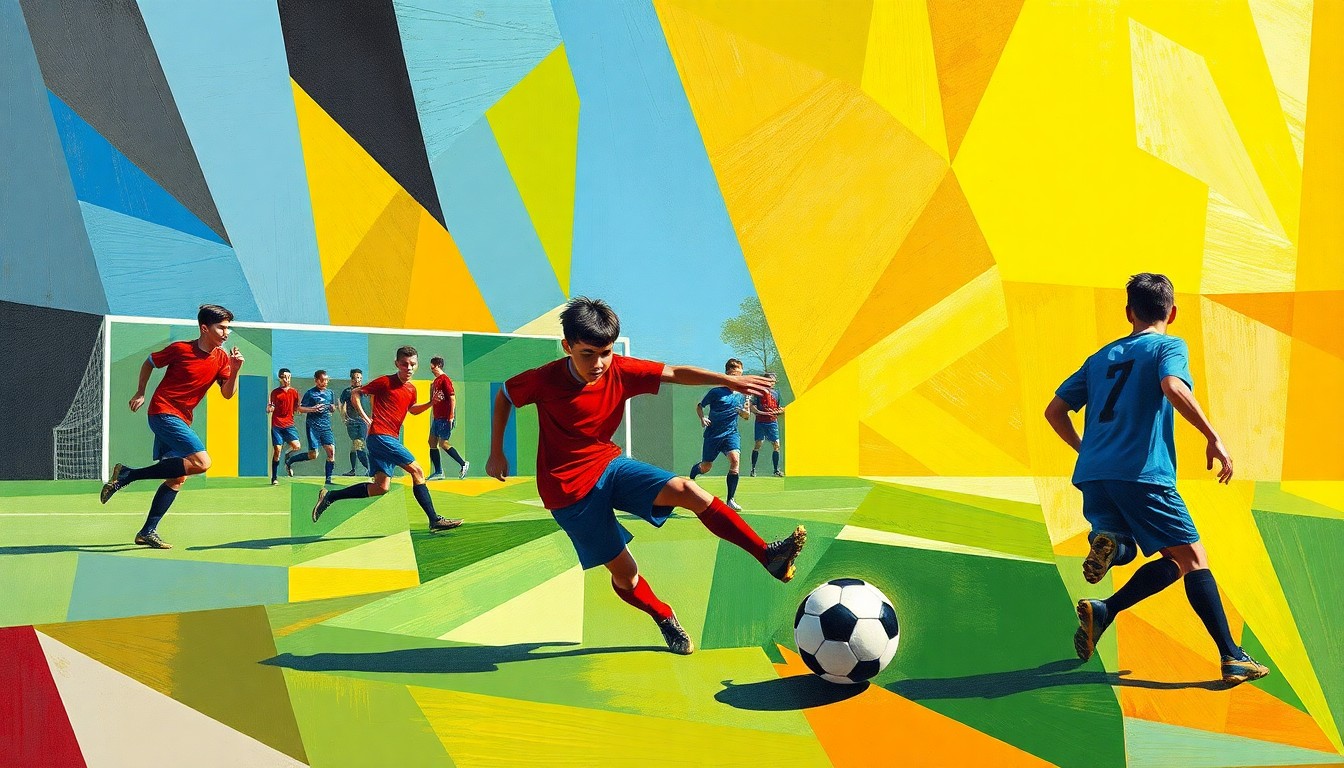 A cubist-inspired painting depicting a high school soccer game, with the players and ball rendered as fragmented, geometric shapes in a vibrant color palette, capturing the energy and movement of the sport.