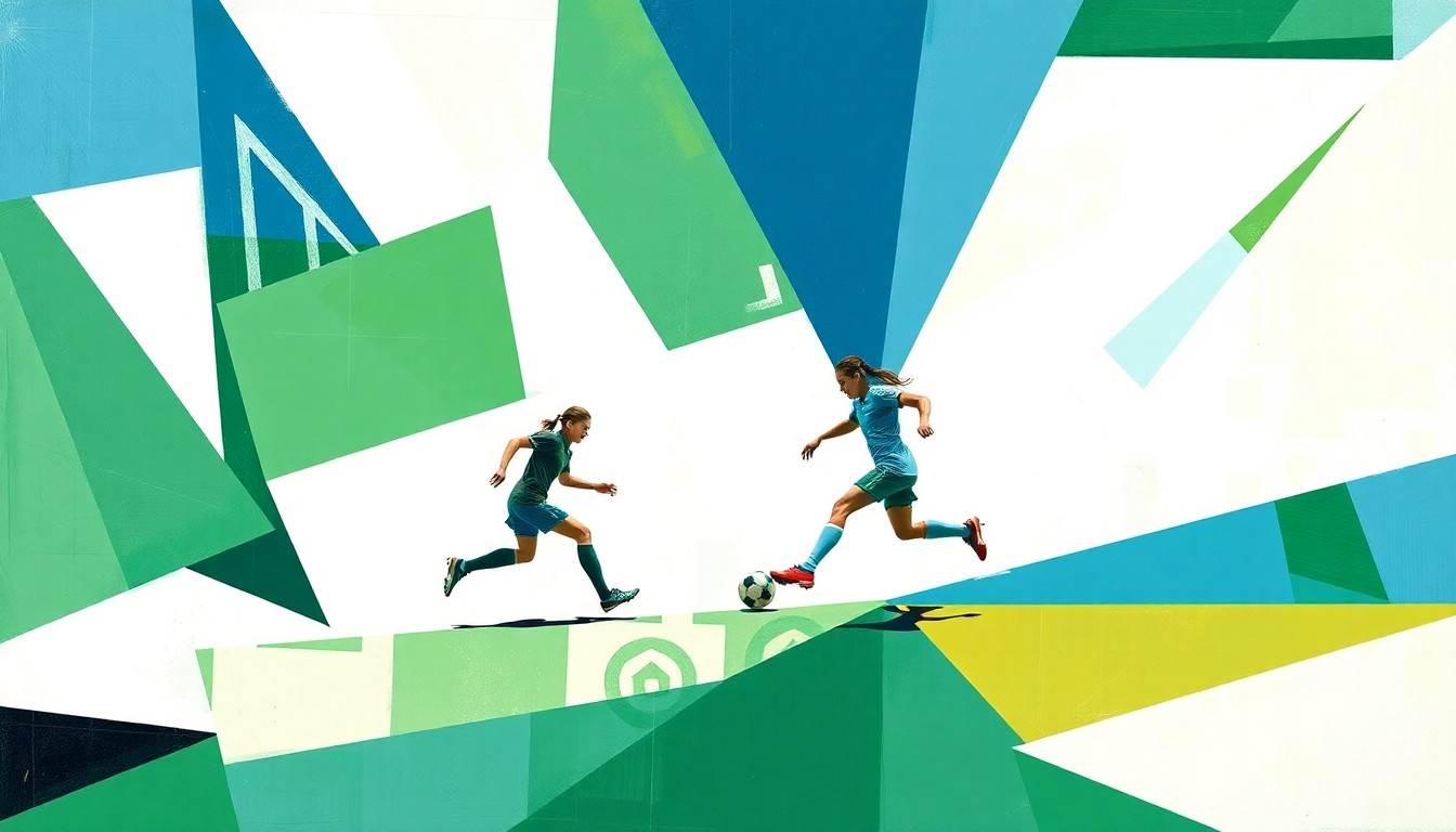 A cubist, geometric painting depicting a girls soccer match, with the players and field broken down into overlapping planes of green, blue, and white shapes, conveying the dynamic energy and movement of the game.