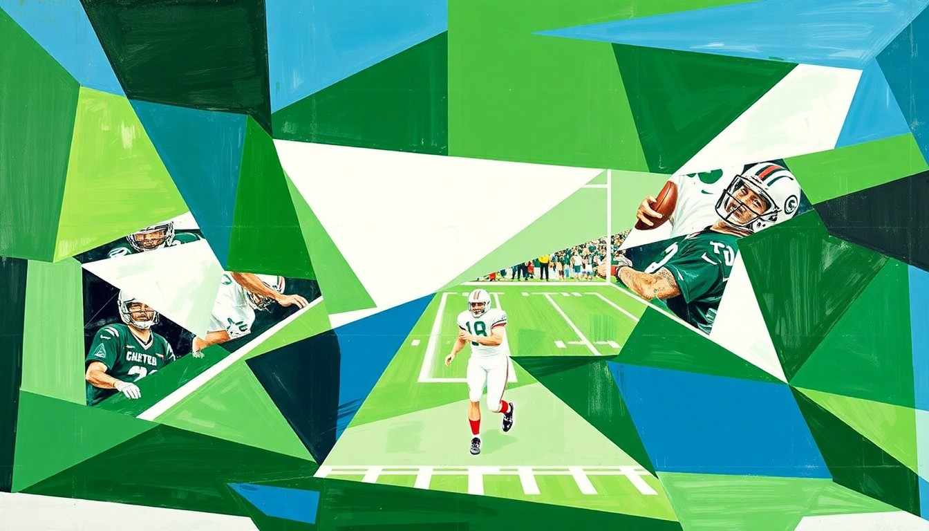 A cubist-style painting featuring fragmented geometric shapes in shades of green, white, and blue, conceptually representing the multi-faceted nature of an NFL coach's role in directing the offense.
