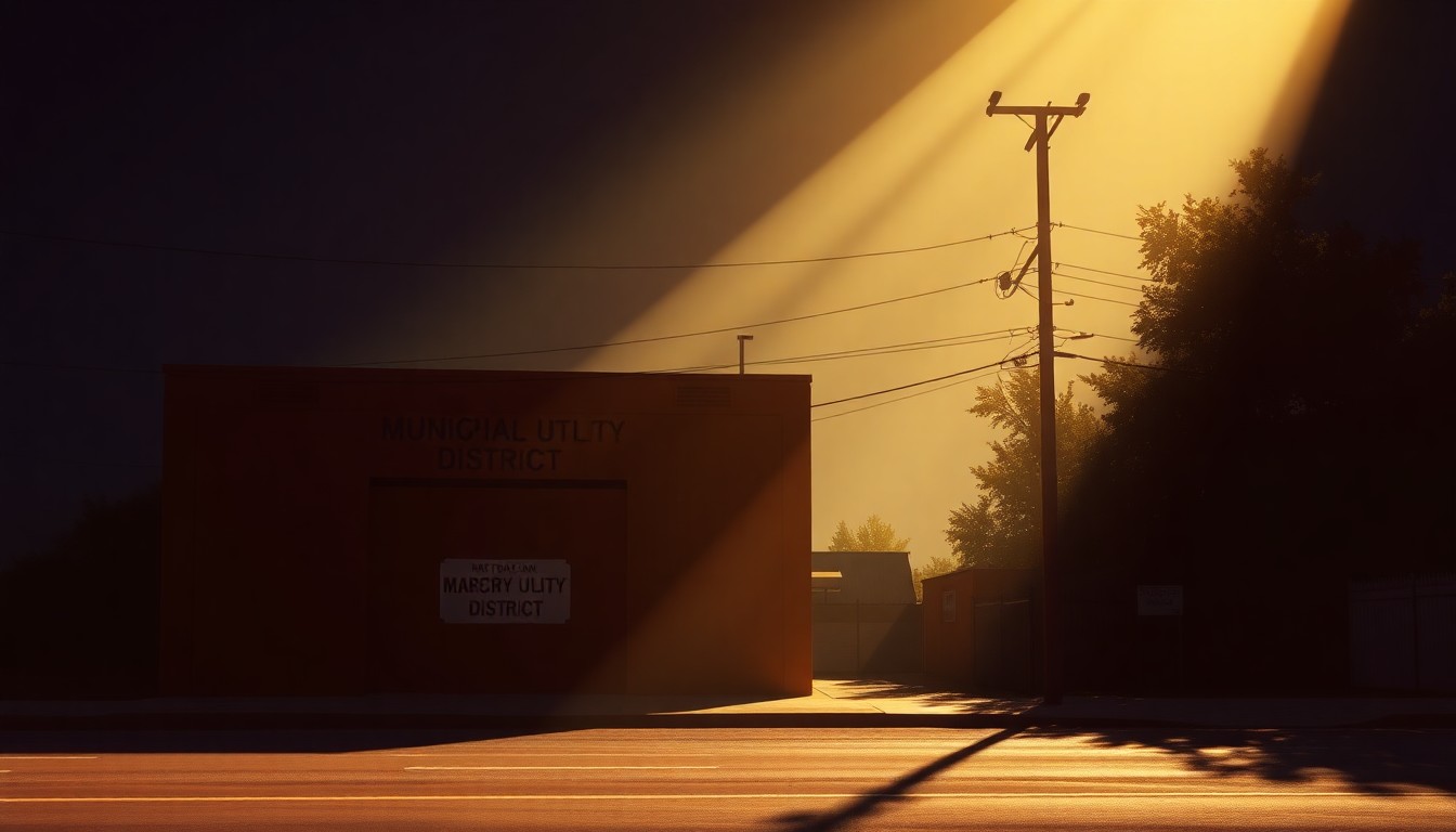 A serene, cinematic painting of a municipal utility district building in warm, golden light, conveying the quiet tension of a political dispute over a controversial development project.