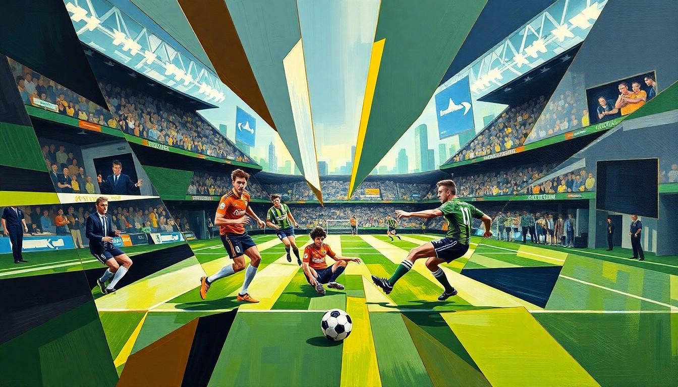 A fractured, multi-perspective painting depicting the energy and movement of a soccer match, with the players and field broken down into sharp, overlapping geometric shapes and planes in a cubist style.