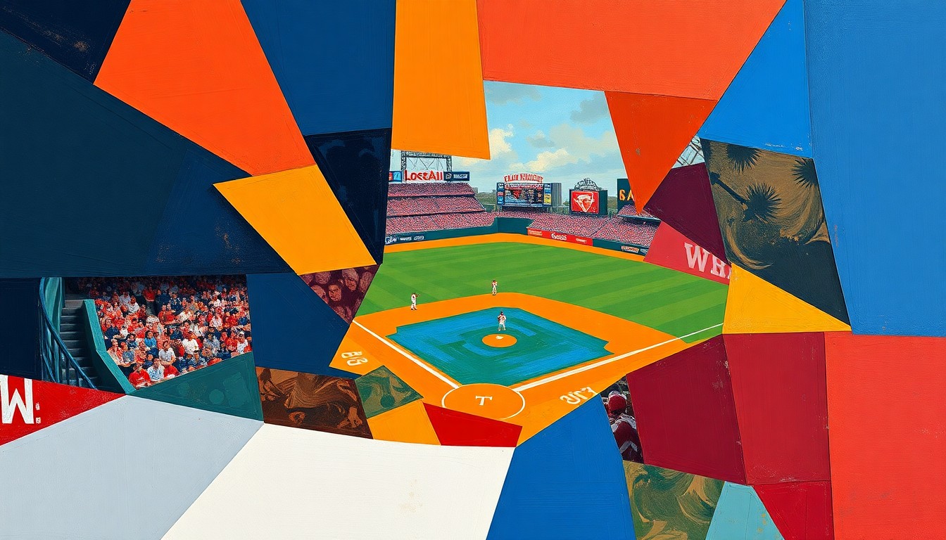 A cubist-style painting featuring fragmented, geometric shapes in navy blue, burnt orange, and crimson red, conceptually representing the chaotic action of a college baseball game.
