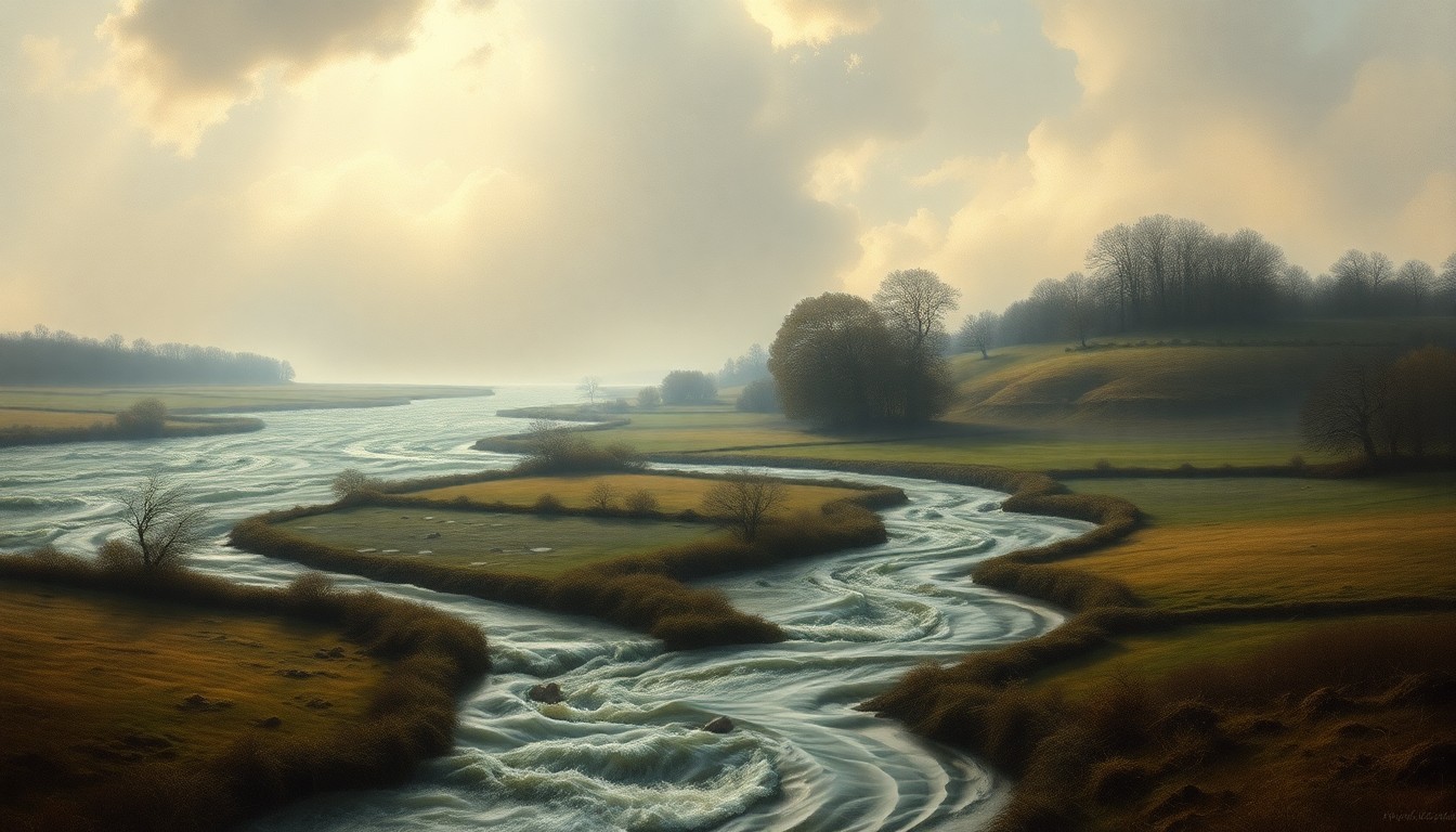 A sweeping landscape painting in muted tones of gray, blue, and green, depicting a flooded rural scene with a swollen creek or river overflowing its banks and spilling into the surrounding fields, conveying the overwhelming power and scale of the natural forces at work.