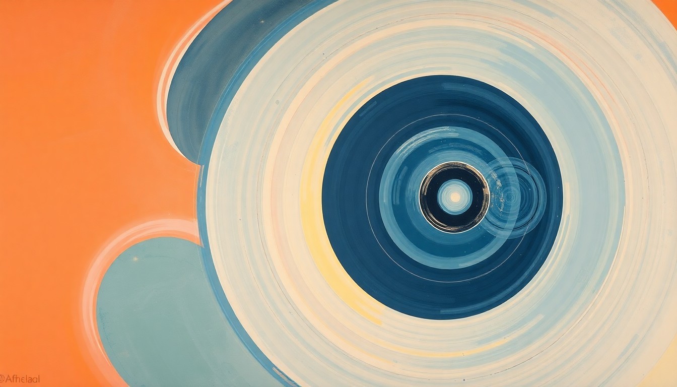 A highly structured abstract painting in soft, flat colors depicting sweeping geometric arcs, concentric circles, and precise spirals, conceptually representing the complex scientific forces and measurements behind a new nuclear dating method.