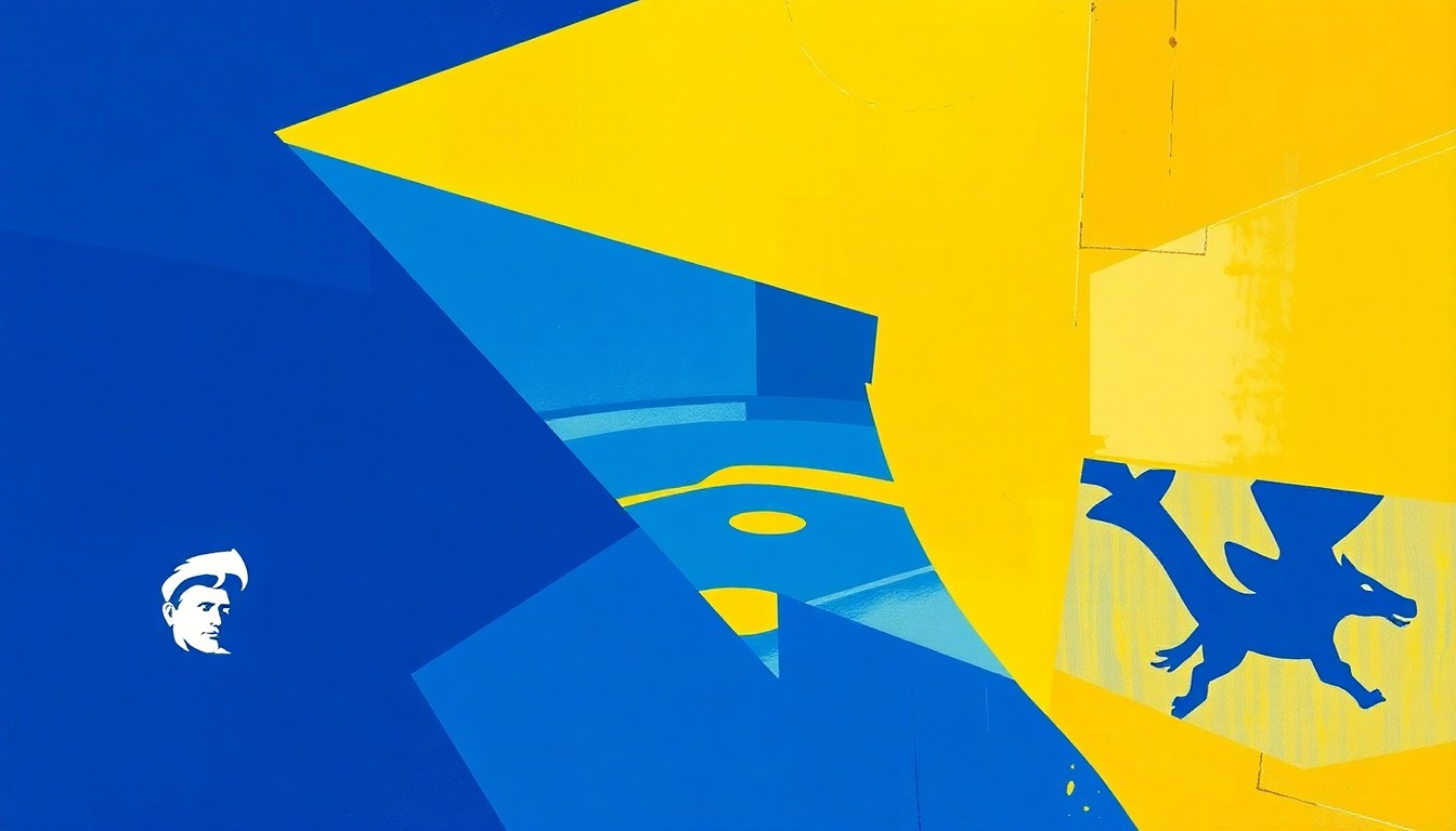 A fractured, geometric painting with overlapping planes of blue, gold, and yellow, conceptually representing the competitive energy and shifting momentum of a college baseball doubleheader between two Oklahoma teams.