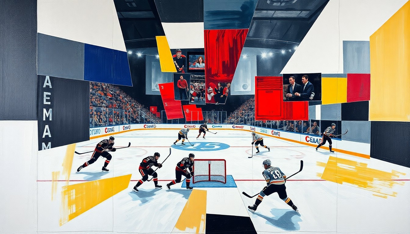 A fragmented, geometric painting depicting the motion and energy of a hockey game, with players and the puck represented through overlapping angular shapes and planes of color.