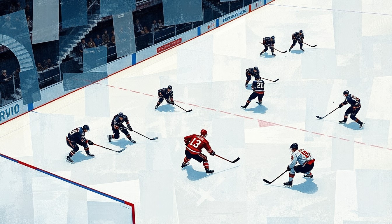 A fragmented, geometric painting depicting the motion and action of a hockey game, with sharp planes of ice, sticks, pucks, and players' movements.