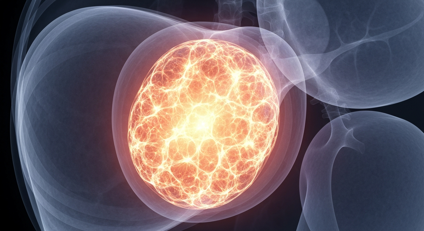 A ghostly, translucent X-ray-style image revealing the complex internal structure of a large, glowing mass within the liver, conceptually illustrating the use of high-dose radiation to treat difficult-to-treat bile duct tumors.
