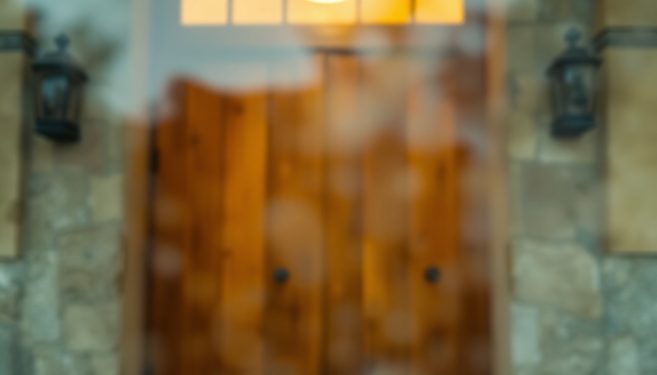 An impressionistic, out-of-focus photograph featuring the warm, soft glow of a historic wooden doorway in muted tones, conceptually representing the preservation of an important architectural relic from Boston's past.