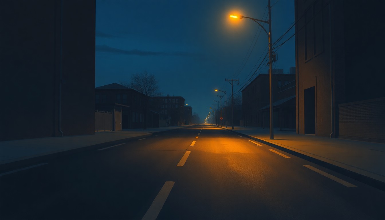 A serene, cinematic painting of an empty city street at dusk, with a single streetlight casting warm, diagonal shadows on the pavement, capturing the contemplative mood surrounding the debate over a proposed homeless shelter in Norman.