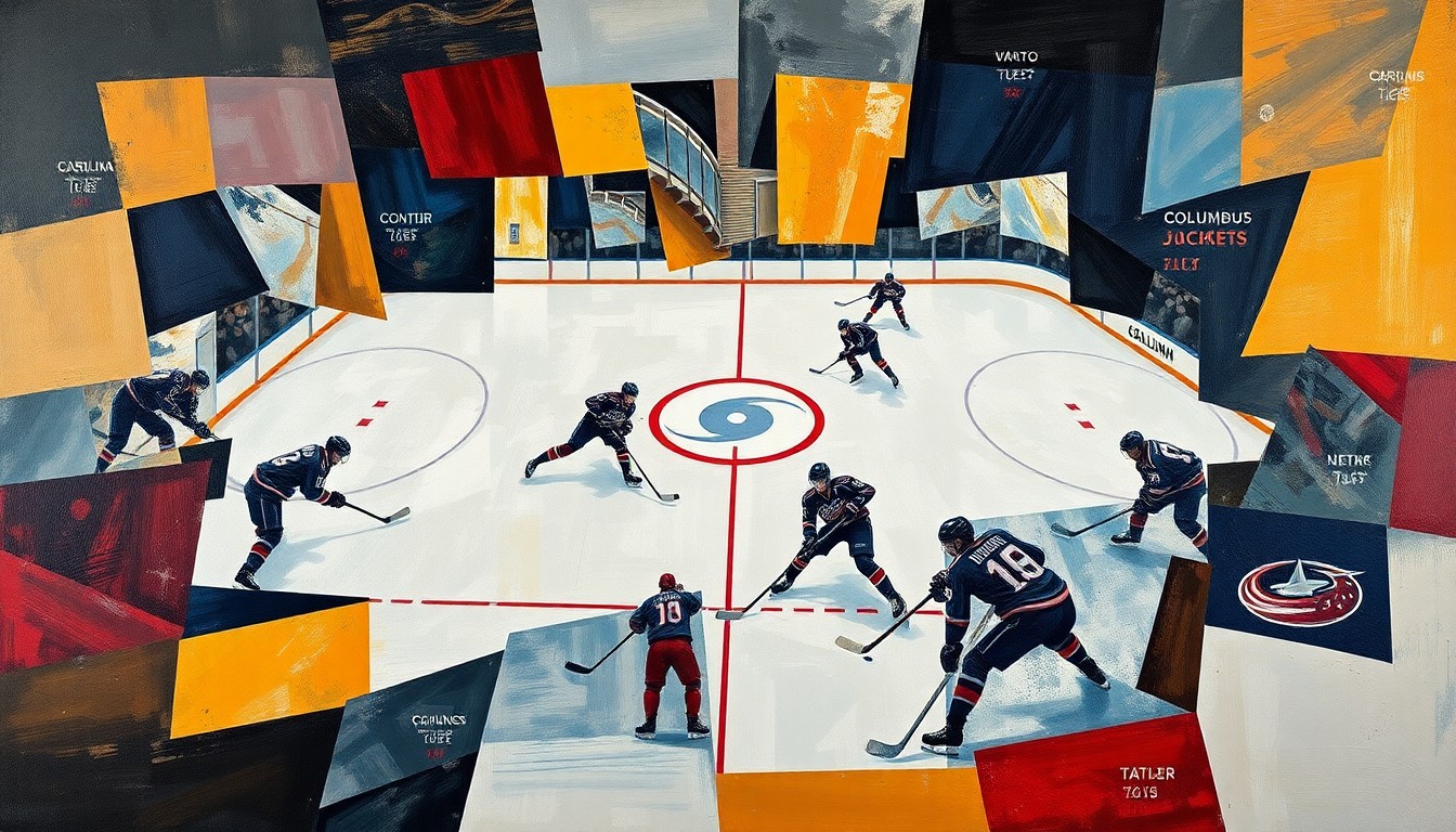 A cubist, geometric painting depicting the dynamic action of a hockey game, with players and the puck represented as fragmented, overlapping shapes and forms in a vibrant color palette.