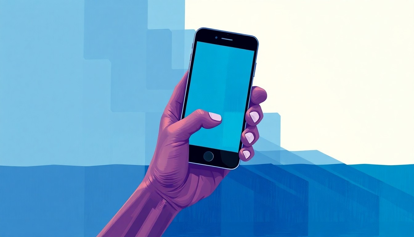 A dynamic, abstract painting featuring overlapping, geometric shapes in shades of blue, teal, and violet, representing the alleged smuggling of cell phones into an ICE detention facility by a congressional staffer.