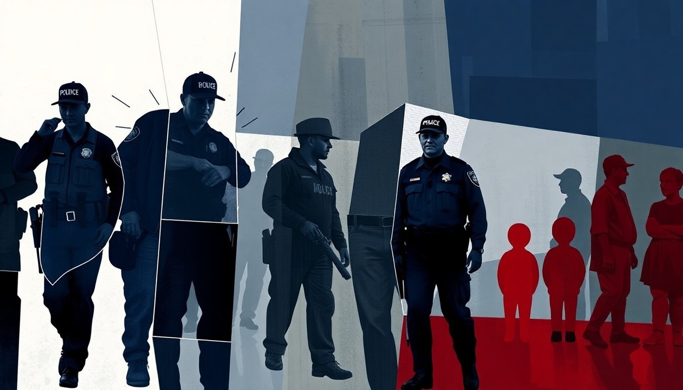 A dynamic, abstract painting featuring overlapping silhouettes of law enforcement figures and detained individuals, conveying the conceptual tension and fractured nature of the administration's immigration enforcement agenda.