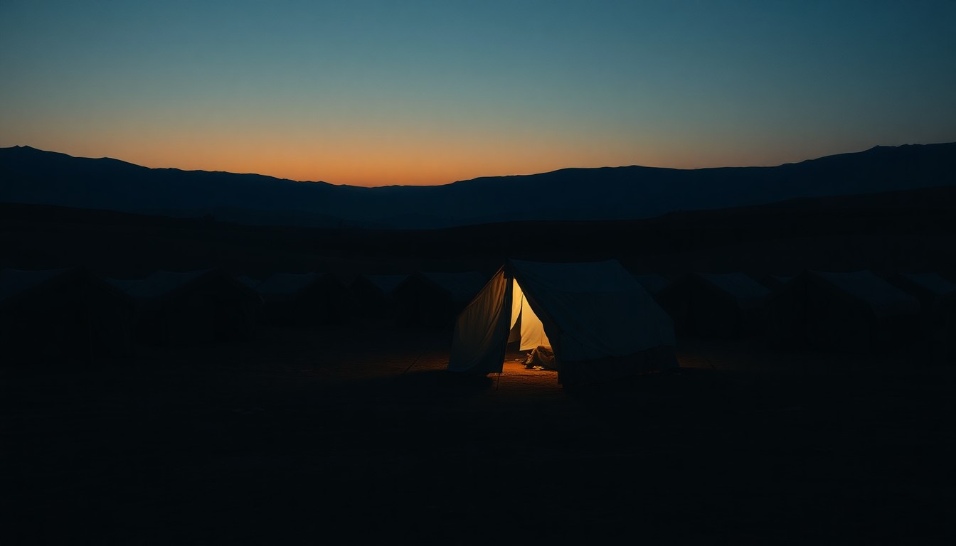 A quiet, cinematic painting of an isolated refugee tent bathed in warm, diagonal sunlight and deep shadows, conveying the solitude and desperation of the displaced in South Sudan.