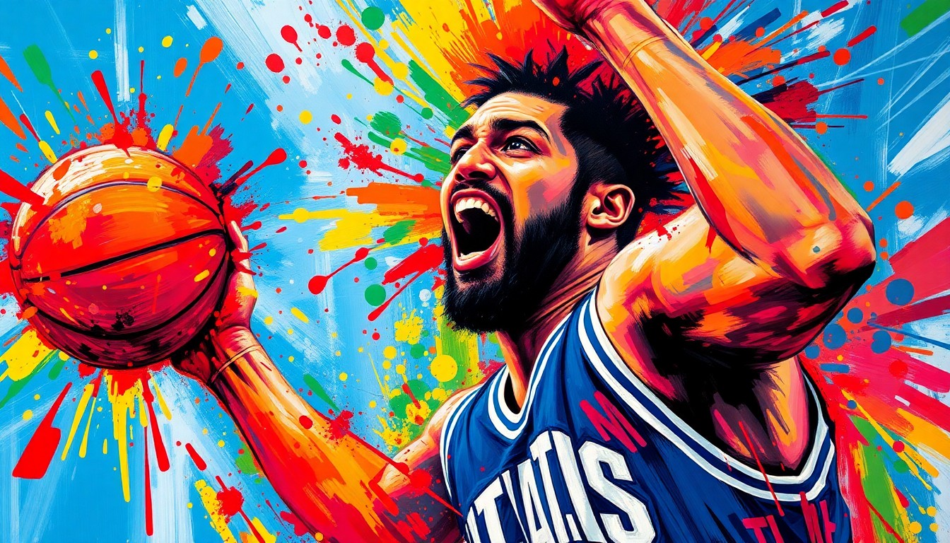 A vibrant, expressionist painting capturing the raw energy and movement of a basketball player shooting a 3-pointer, with the player's face and jersey details dissolved into colorful brushstrokes.
