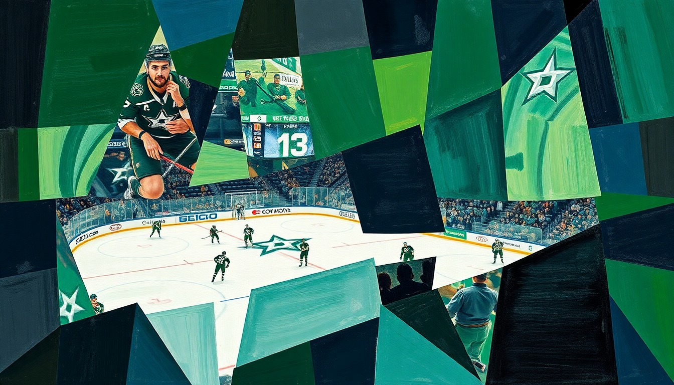 A cubist, geometric painting depicting a Dallas Stars hockey game, with sharp, overlapping planes of color and form representing the team's energy and focus as they prepare for the playoffs.