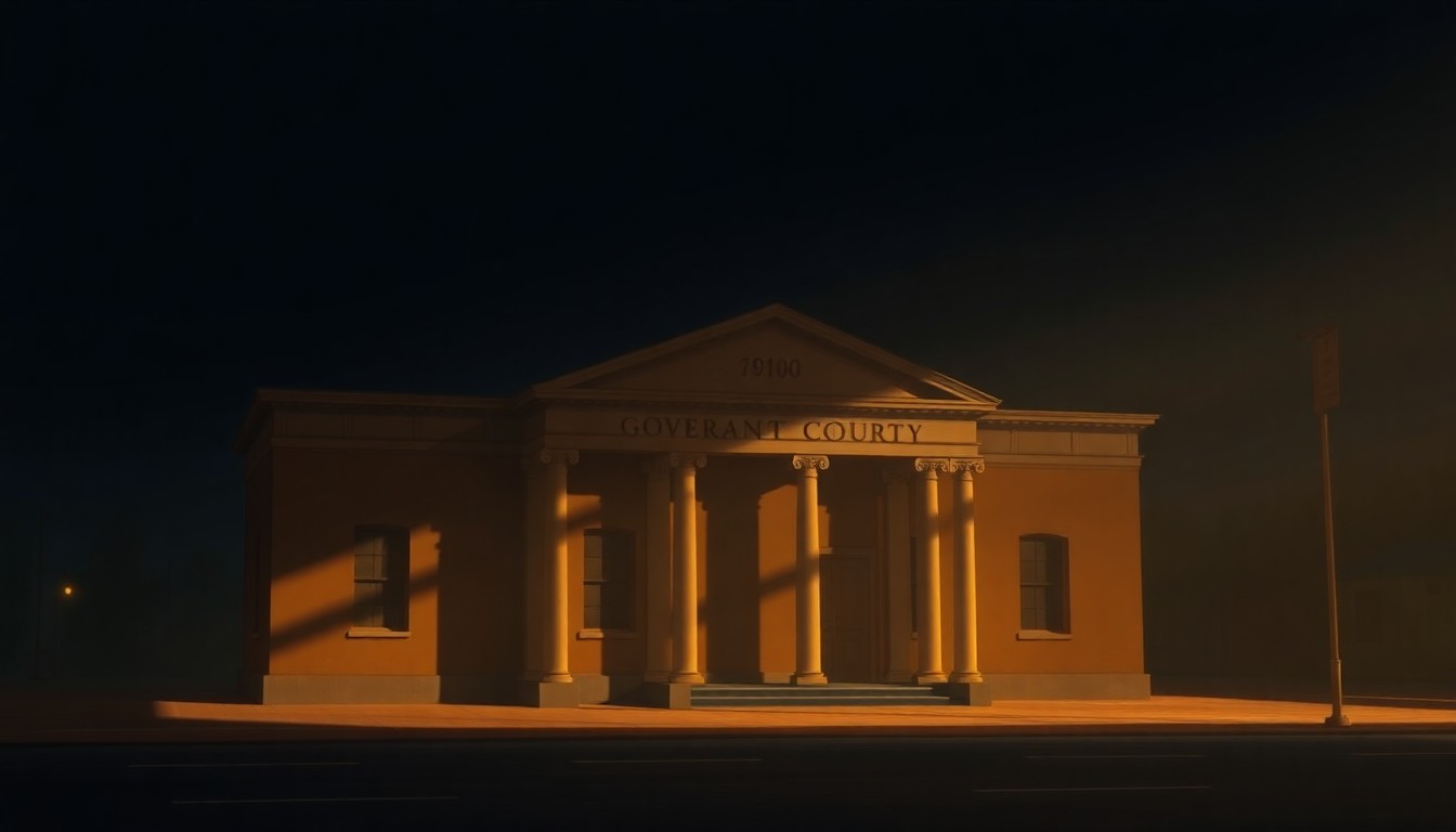 A photorealistic painting of a government office building or courthouse in warm, golden light, with deep shadows and a sense of quiet contemplation, conceptually representing the complex issues surrounding the arrest of a Muslim community leader.