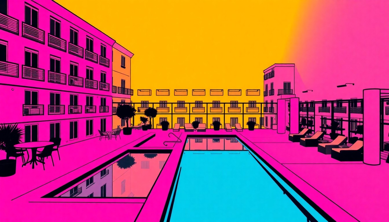 A high-contrast, silkscreen-style illustration featuring a repeated image of a rooftop pool with cabanas, rendered in a bold, neon color palette that captures the energy and lifestyle of Cavella's amenity-rich community.