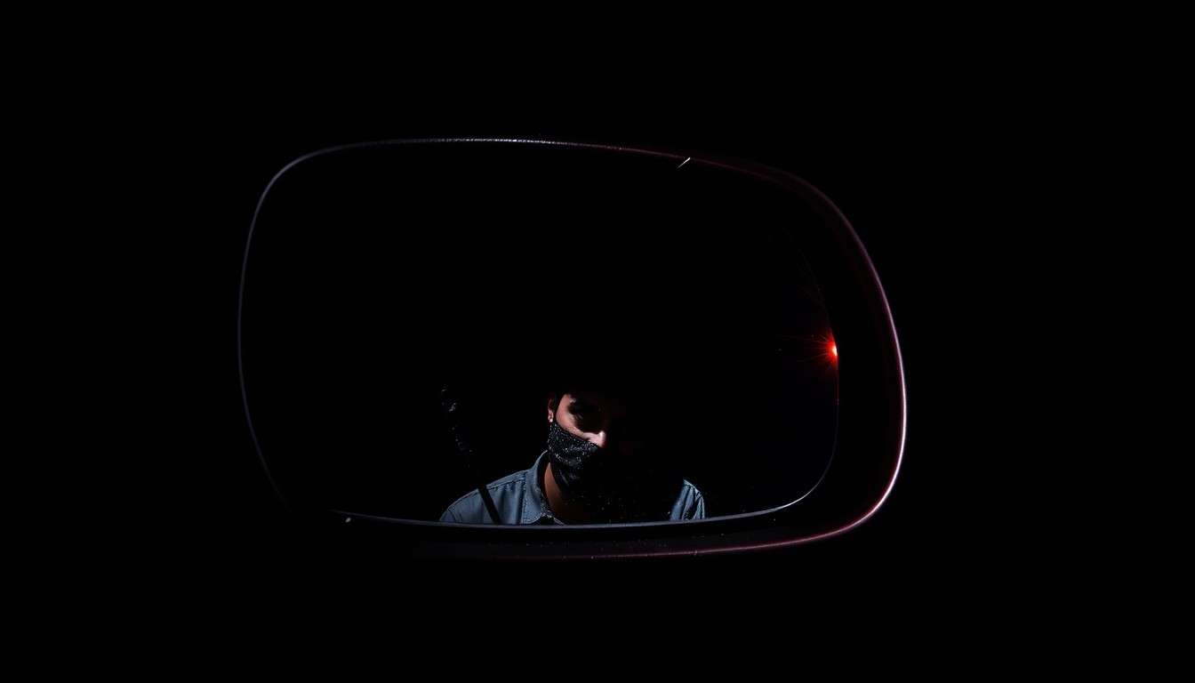 An extreme close-up photograph of a damaged car side mirror reflecting a faint red light, conceptually representing the aftermath of a fatal auto-pedestrian collision.