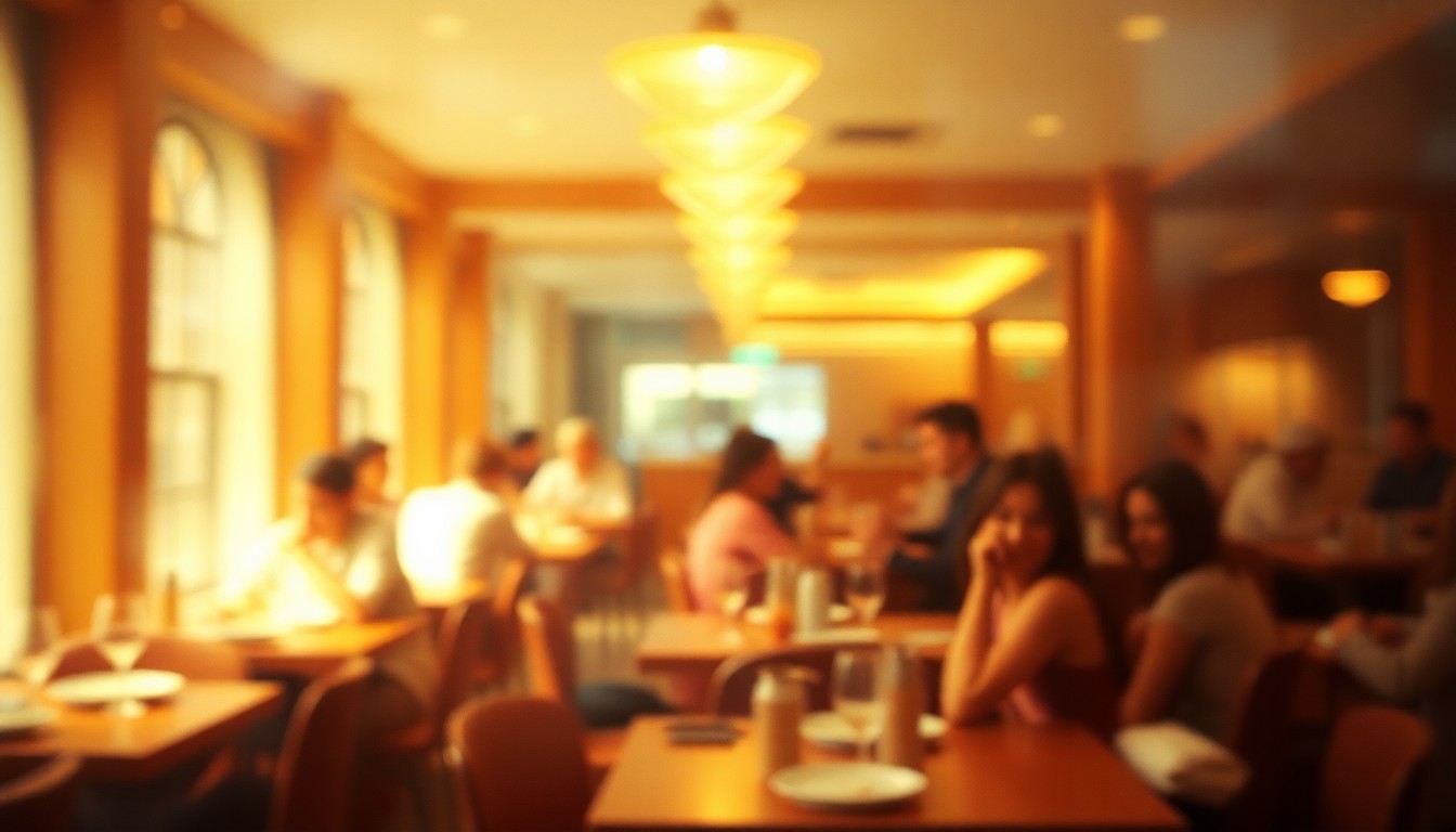An abstract, impressionistic photograph of students dining in a college cafeteria, with soft, warm lighting and blurred, out-of-focus details creating a cozy, inviting atmosphere.
