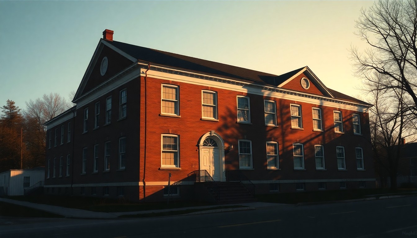 A serene, nostalgic painting of an old school building with warm, golden light filtering through the windows and deep shadows across the facade, conveying a sense of the property's historical significance and the community's desire to protect it.