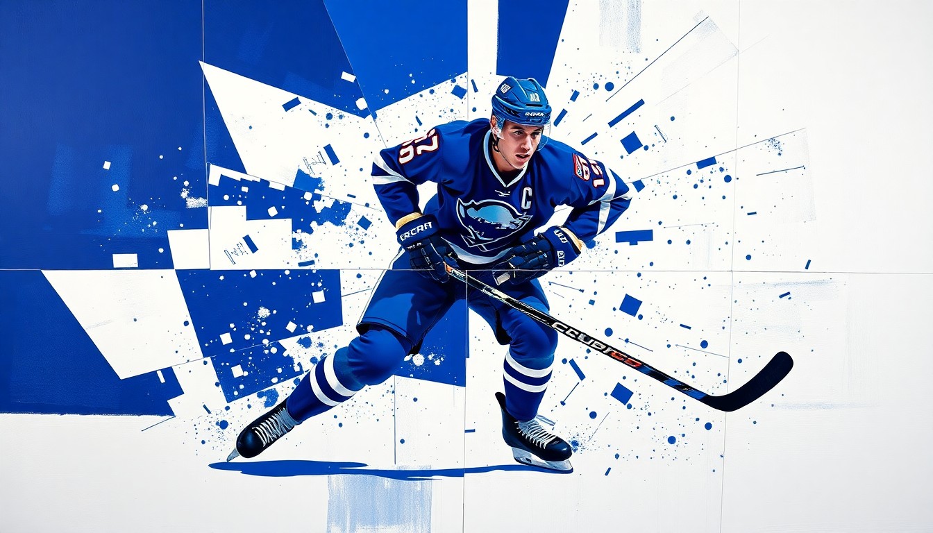 A fragmented, cubist-style painting depicting a hockey player in mid-motion, their body and equipment broken down into sharp, overlapping geometric shapes in shades of blue, conceptually representing the complex contract negotiations ahead for the player and team.