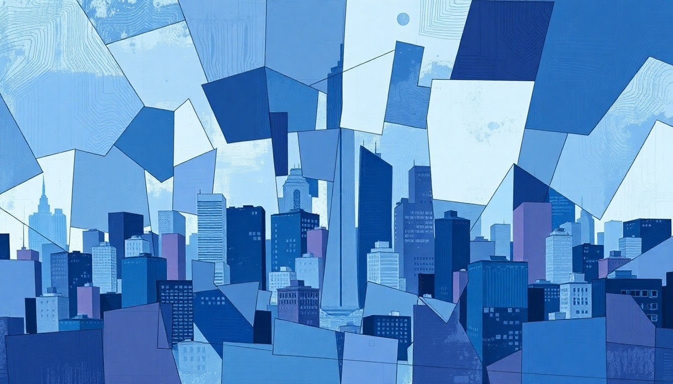 A dynamic, abstract painting with overlapping geometric shapes in shades of blue, grey, and purple, conceptually representing the complex and charged nature of the debate around immigration reform and its relationship to urban crime.