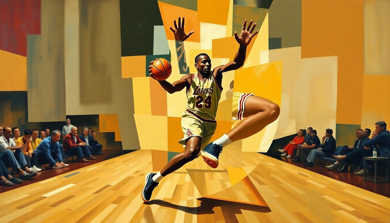 A fragmented, geometric painting depicting the movements and actions of a basketball player on the court, with sharp, overlapping planes of color and form.