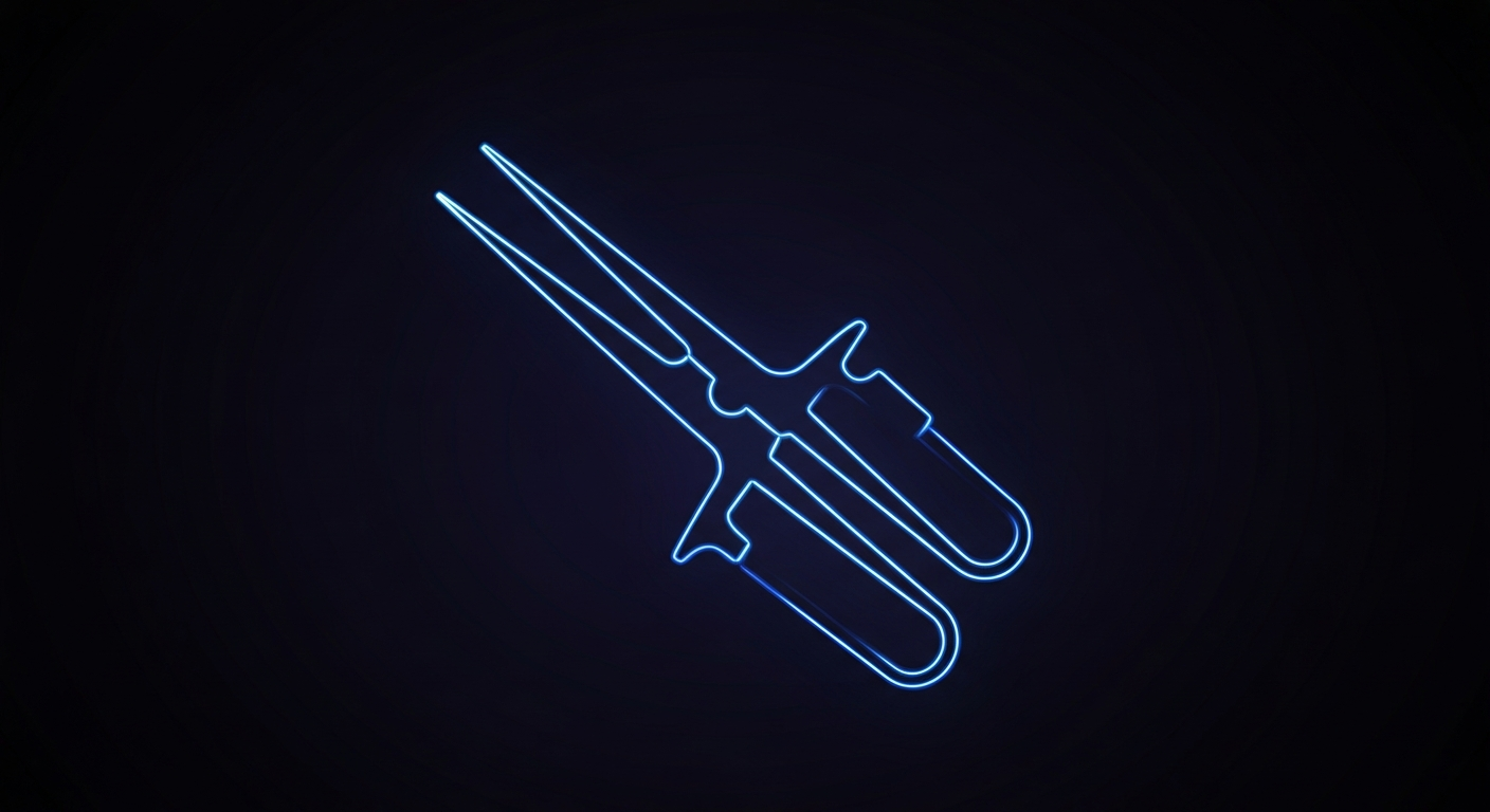 A glowing, neon outline of an ophthalmology surgical tool or instrument, conceptually representing the advanced technologies ZEISS is bringing to the field of eye care.