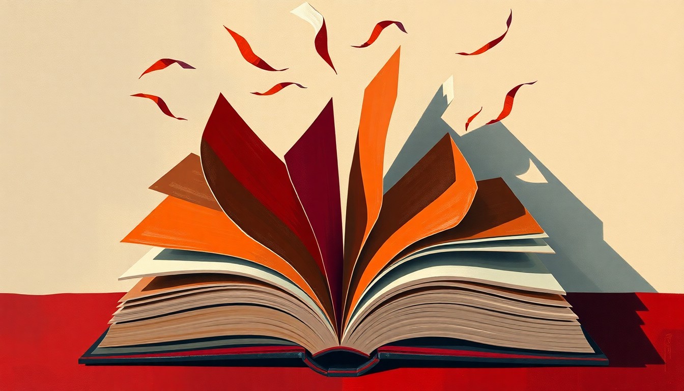 A dynamic, fragmented painting of an open book with pages in motion, conveying the contested nature of social studies standards in Texas.