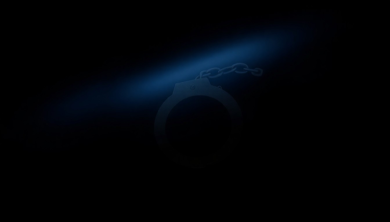 An extreme close-up of a police badge or handcuff, its metallic surface reflecting a harsh, direct flash of light against a pitch-black background, conveying the serious, investigative nature of the officer-involved shooting incident.