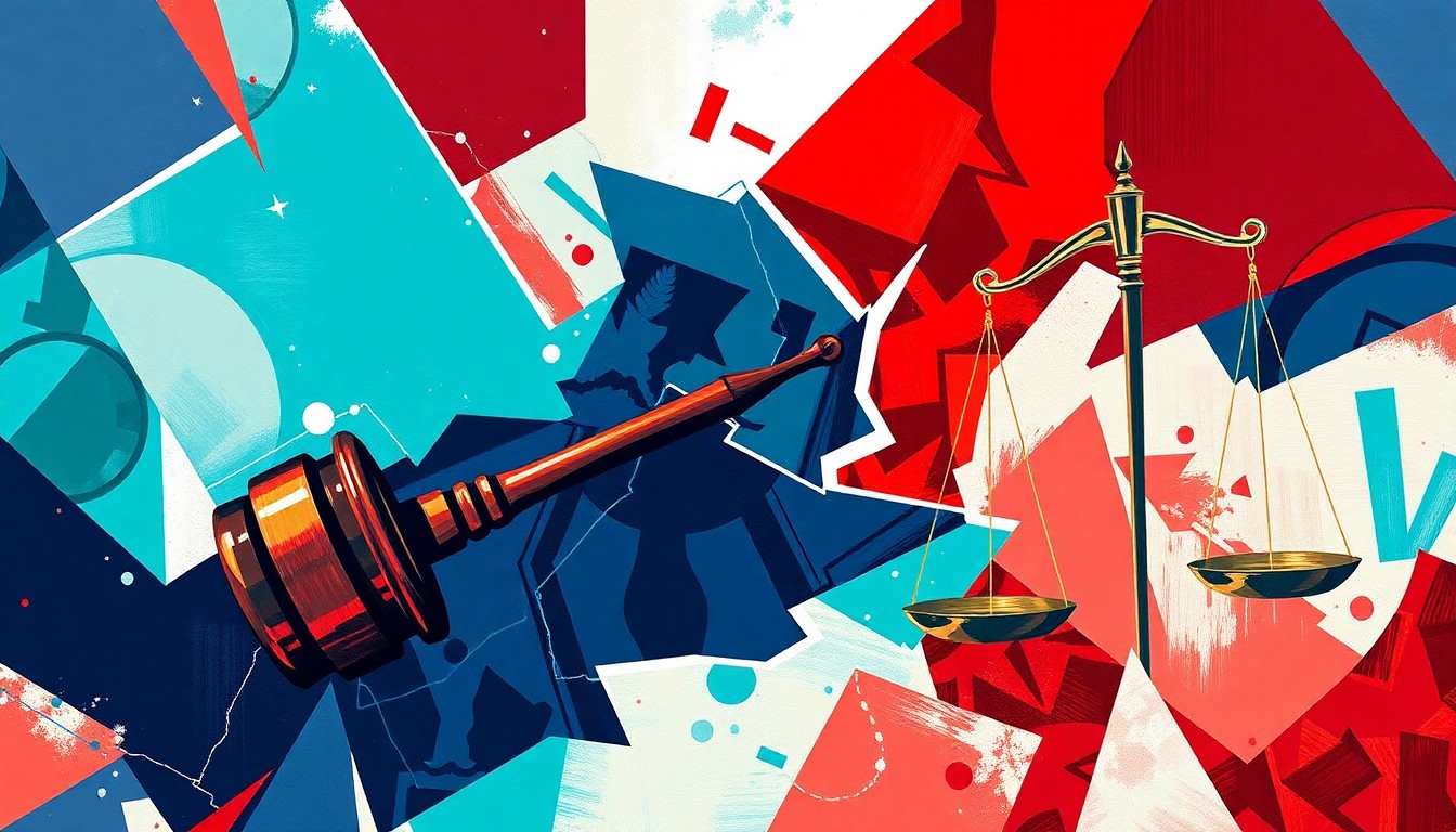 A dynamic, abstract painting featuring fractured, overlapping geometric shapes in shades of navy, teal, and crimson, conceptually representing the clash between state and local control of education policy.