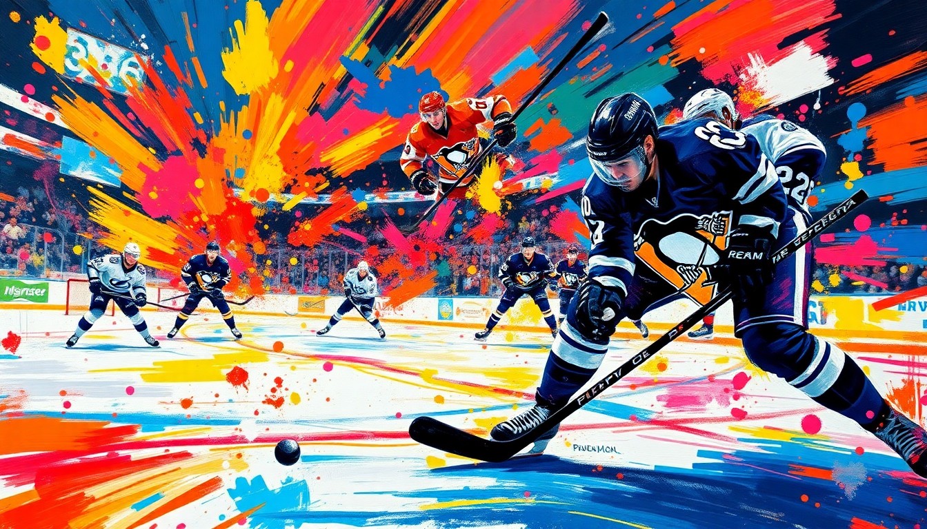 An abstract, expressionist painting in vibrant neon colors depicting the frenetic action of a high-scoring NHL hockey game, with the players and puck blending into a dynamic, energetic composition.