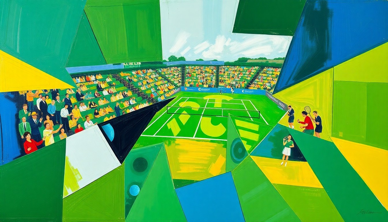 A cubist, geometric painting depicting a fragmented tennis match or tournament scene, with sharp planes of color and overlapping perspectives capturing the energy and excitement of the event.