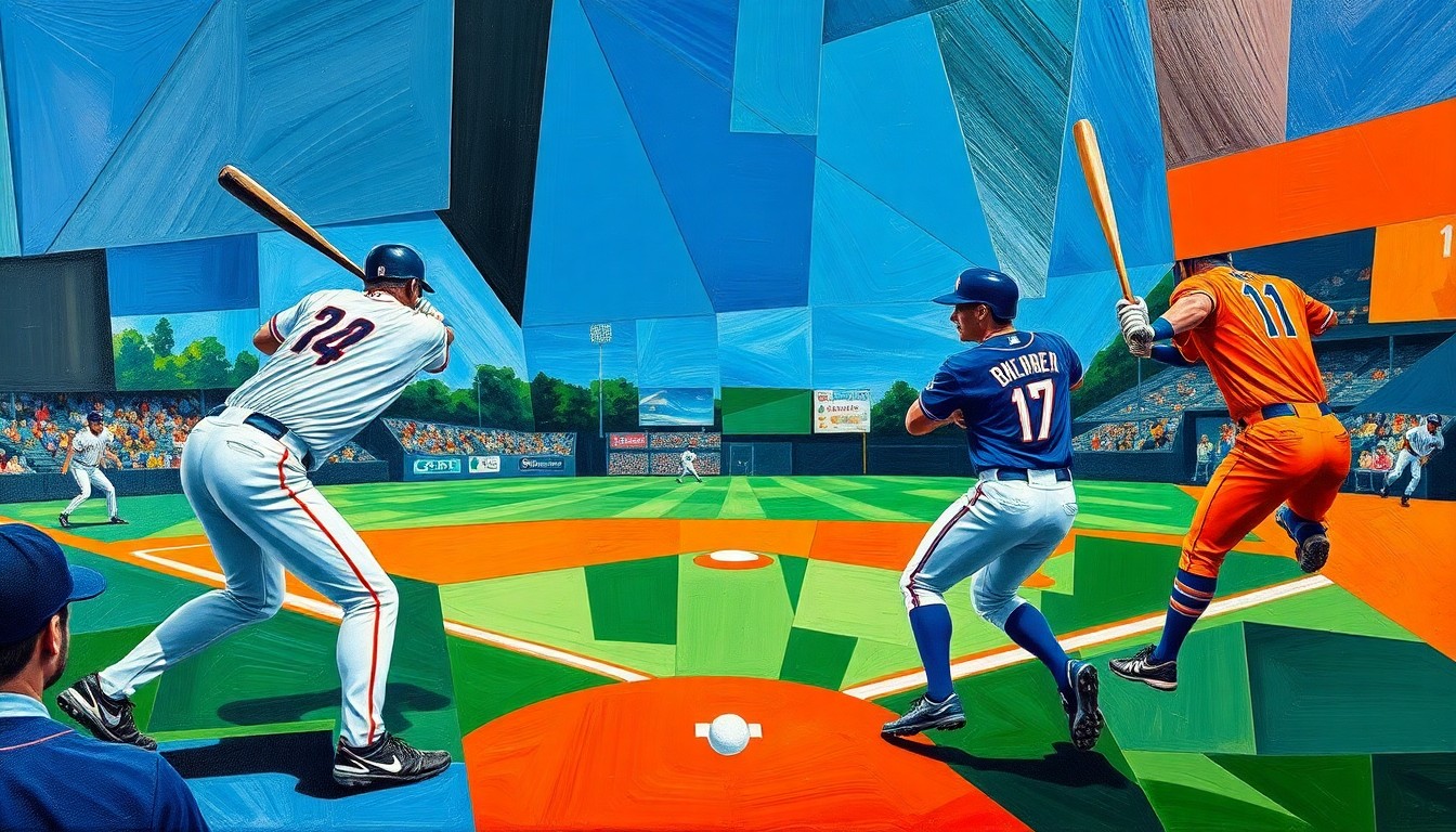 A cubist, geometric painting depicting the dynamic motion and energy of a baseball game, with the players' forms abstracted into sharp, overlapping shapes in a vibrant color palette.