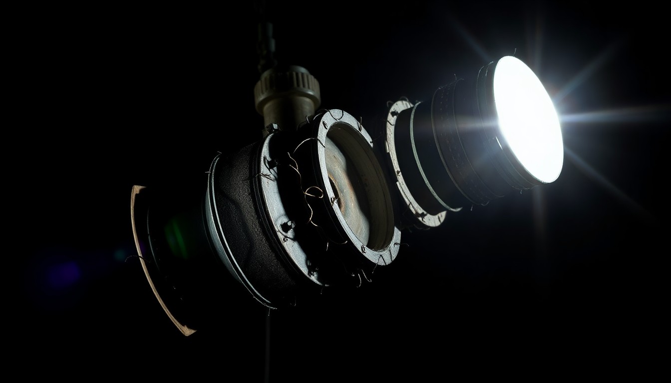 An extreme close-up photograph of a damaged electrical component, such as a transformer or power line, captured in harsh, direct lighting against a black background, conveying the gritty, investigative nature of the power outage incident.