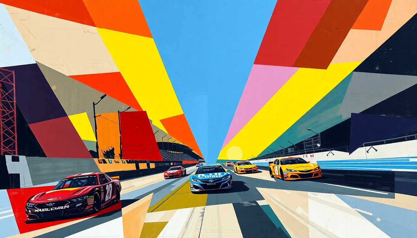 A fragmented, geometric painting depicting the intense dynamics between a NASCAR crew chief and the devoted fans of his driver, with sharp planes of color and motion capturing the high-stakes competition.